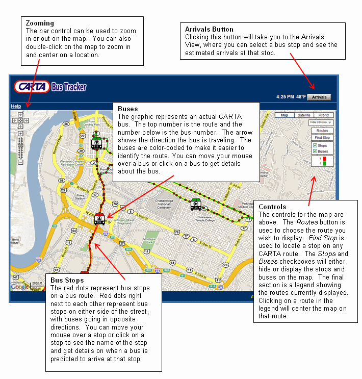 Zooming - The bar control can be used to zoom in or out on the map.  You can also double-click on the map to zoom in and center on a location. Buses - The graphic represents an actual RD Transit bus.  The top number is the route and the number below is the bus number.  The arrow shows the direction the bus is traveling.  The buses are color-coded to make it easier to identify the route. You can move your mouse over a bus or click on a bus to get details about the bus. Bus Stops - The red dots represent bus stops on a bus route.  Red dots right next to each other represent bus stops on either side of the street, with buses going in opposite directions.  You can move your mouse over a stop or click on a stop to see the name of the stop and get details on when a bus is predicted to arrive at that stop. Controls - The controls for the map are above.  The Routes button is used to choose the route you wish to display.  Find Stop is used to locate a stop on any RD Transit route.  The Stops and Buses checkboxes will either hide or display the stops and buses on the map.  The final section is a legend showing the routes currently displayed.  Clicking on a route in the legend will center the map on that route.